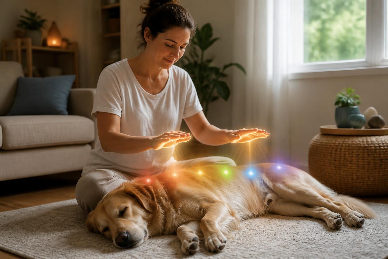 Mujer practicando Reiki con energía dorada y chakras sobre un perro relajado